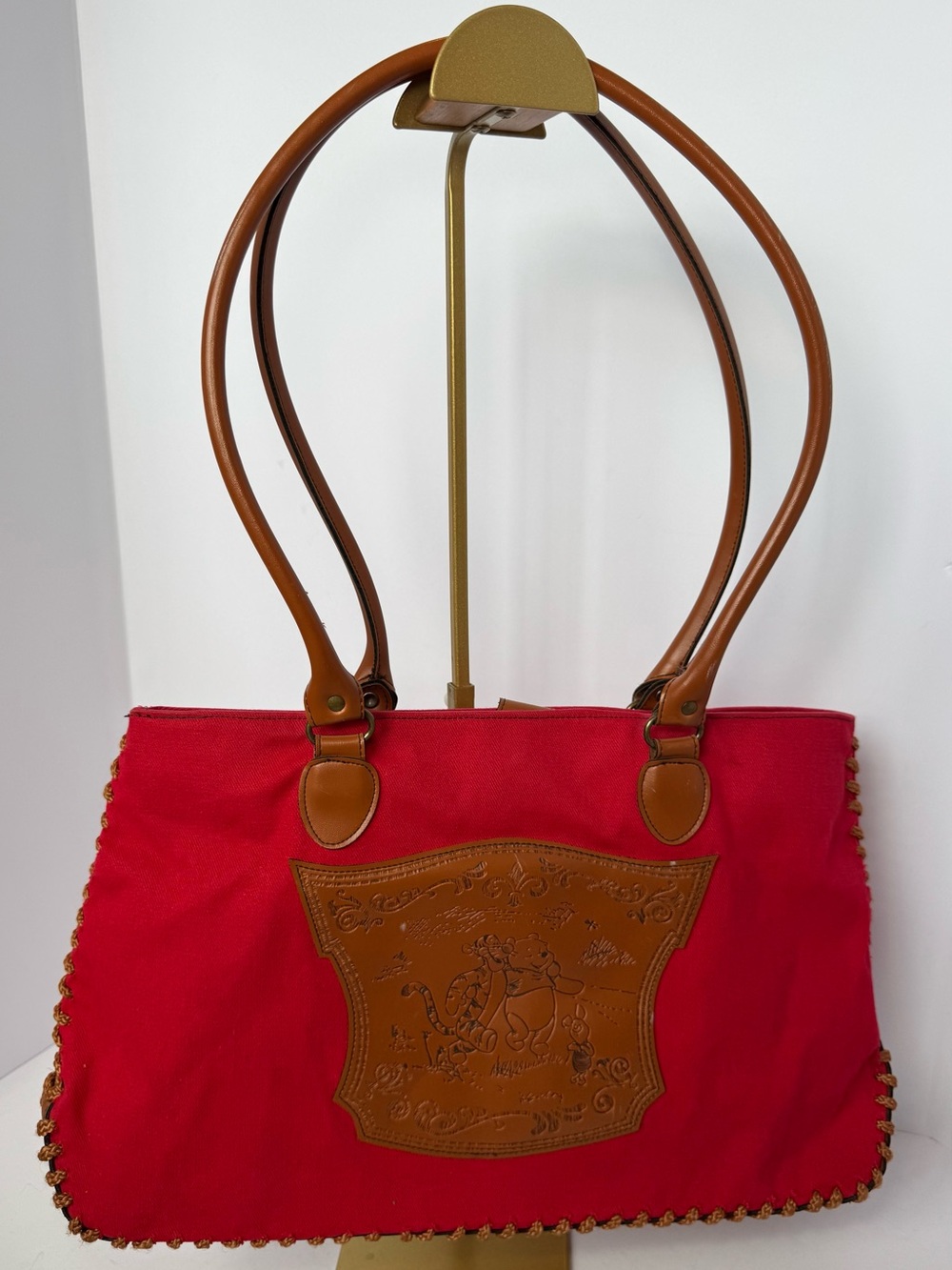 Vintage Disney Winnie the Pooh Red Canvas Tote Bag with Leather Crest Patch